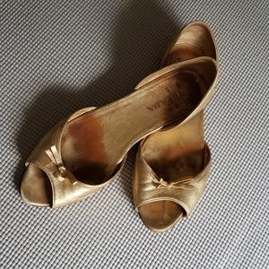 Prada Gold Peep Toe Flats - 39 1/2